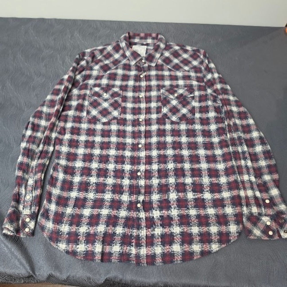 44MM Western Pearl Snap Shirt Mens XL Burgundy Blue Plaid Flannel Long Sleeve